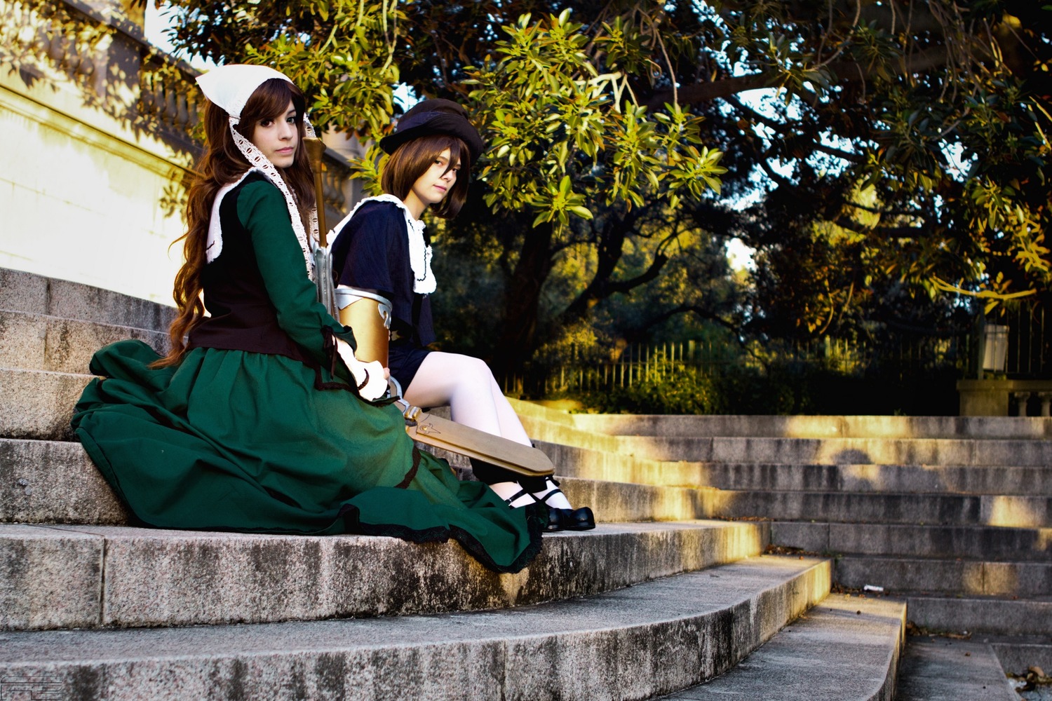 2girls brown_hair dress long_hair multiple_cosplay multiple_girls outdoors sitting tagme tree