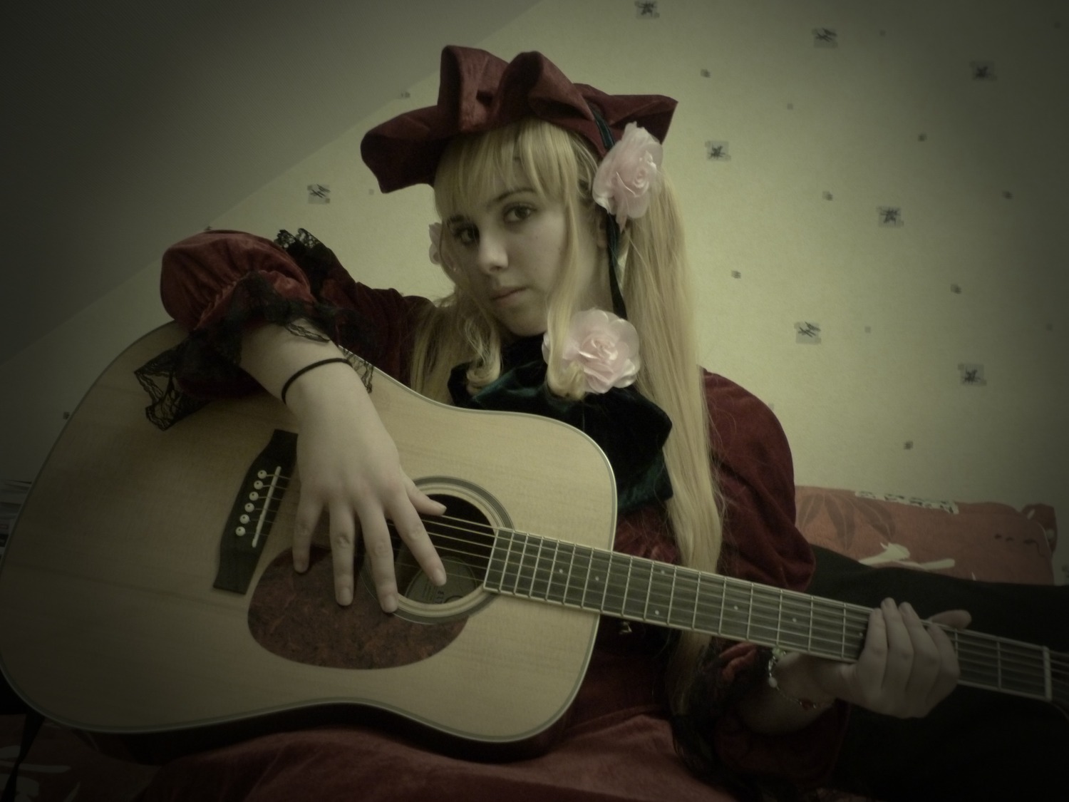 1girl acoustic_guitar amplifier_(instrument) bass_guitar blonde_hair bow_(instrument) dress electric_guitar flower guitar hat holding_instrument instrument jewelry keyboard_(instrument) long_hair lute_(instrument) music playing_instrument plectrum rose sheet_music shinku sitting solo violin