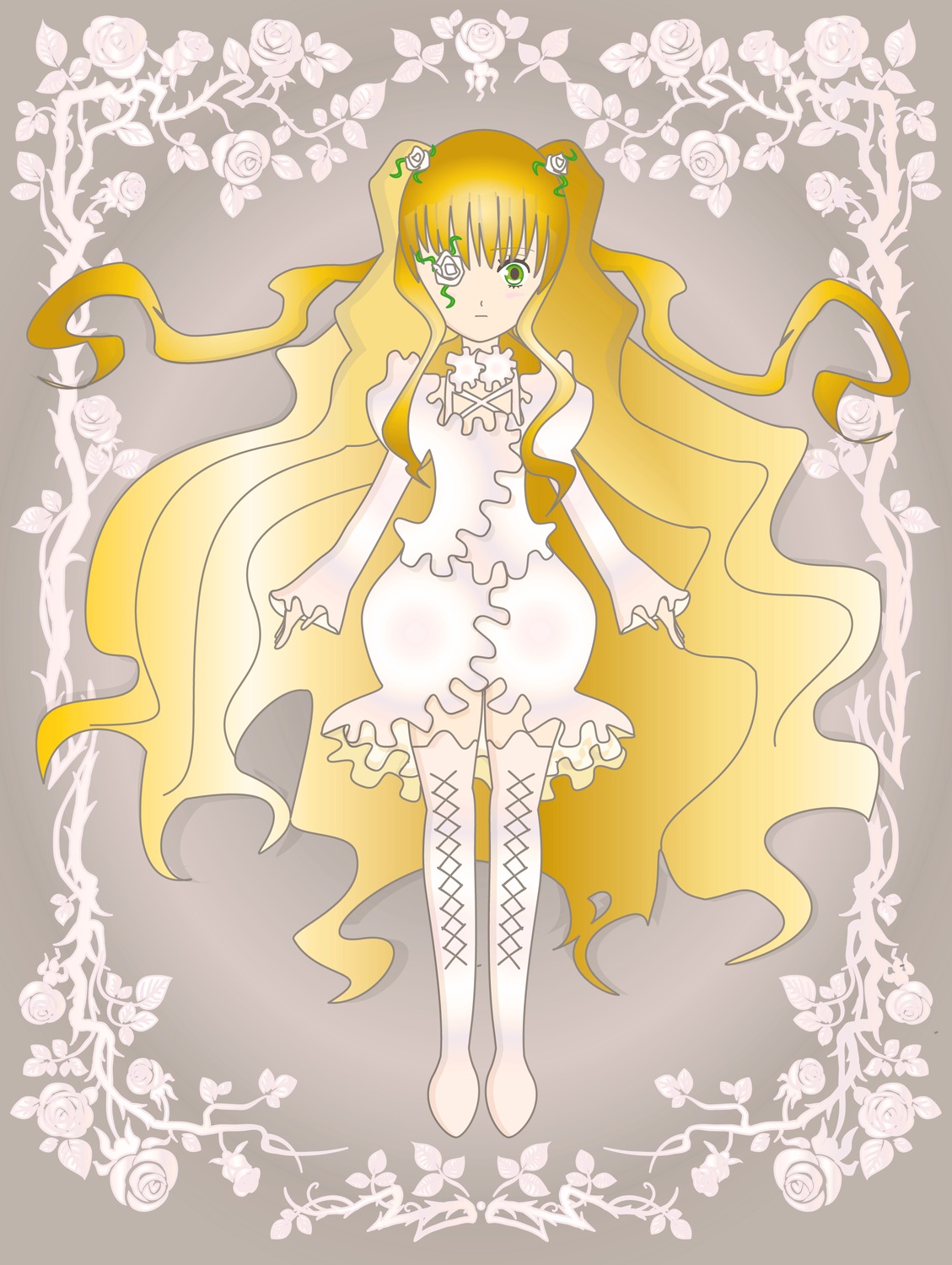 1girl blonde_hair boots dress flower gradient_hair green_eyes hair_ornament image kirakishou knee_boots long_hair pink_rose rose solo thigh_boots thorns very_long_hair vines white_flower white_rose