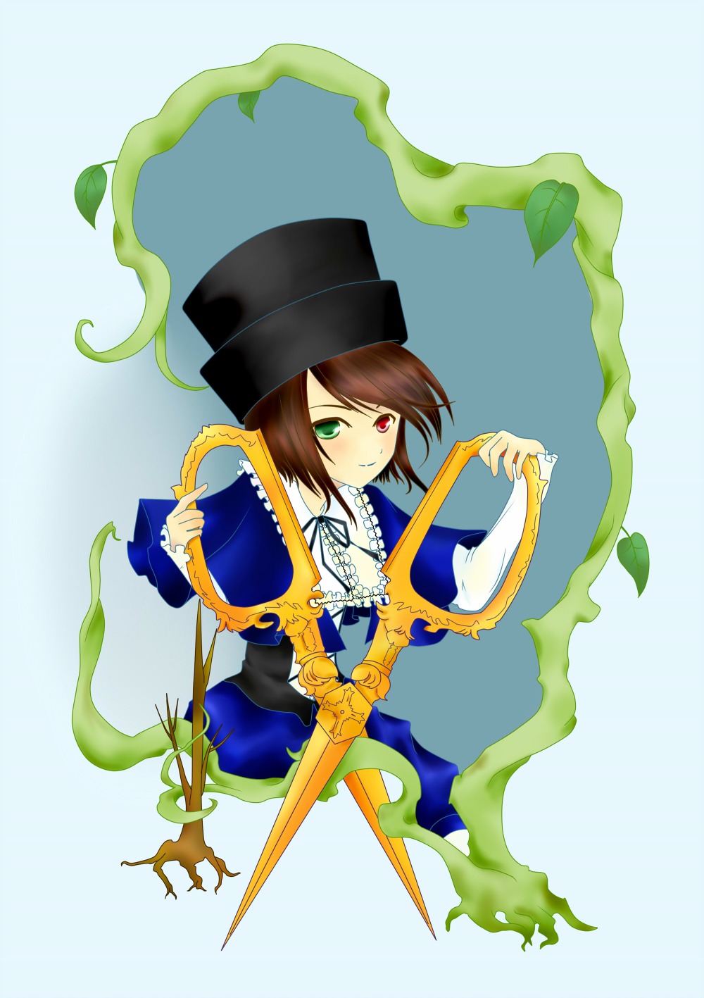 1girl brown_hair dress frills green_eyes hat heterochromia image instrument long_sleeves looking_at_viewer plant red_eyes short_hair smile solo souseiseki suiseiseki top_hat vines