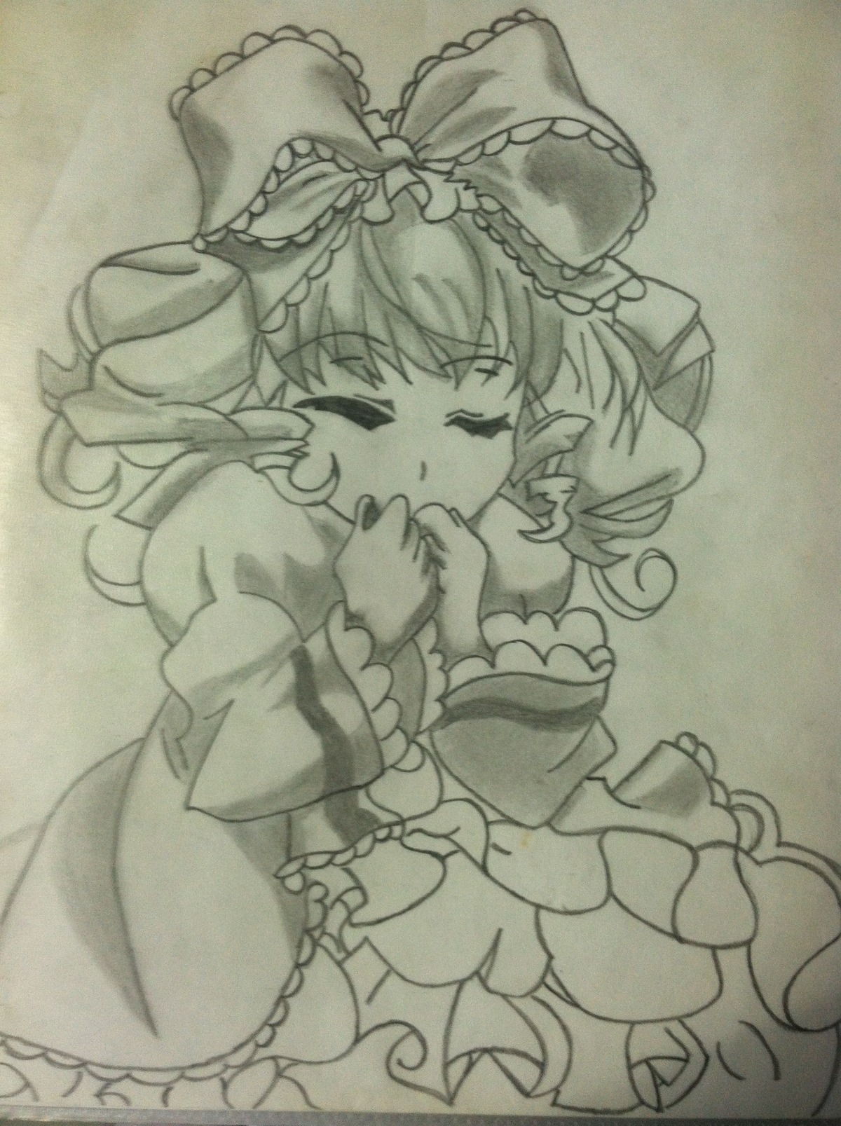 1girl bow closed_eyes detached_sleeves frills hair_bow hakurei_reimu hinaichigo image long_hair long_sleeves monochrome photo solo traditional_media