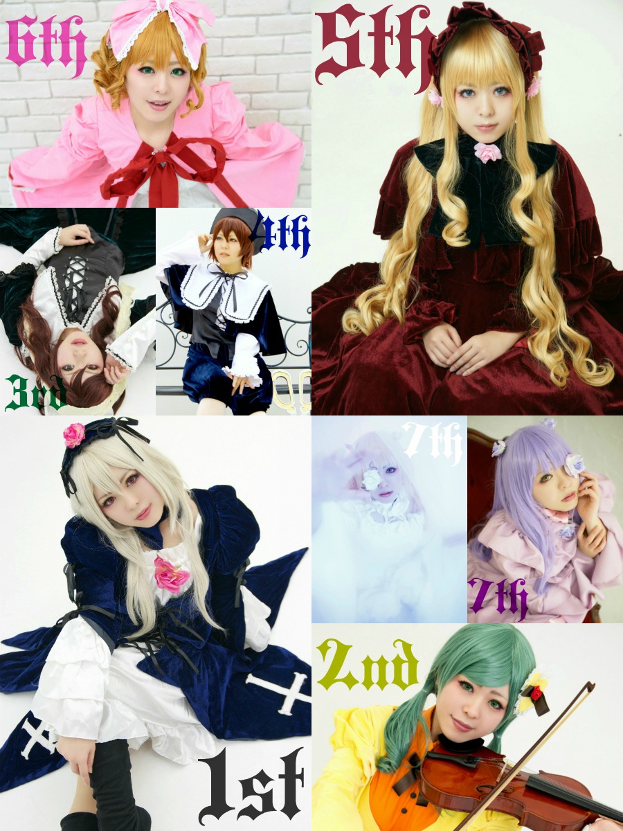blonde_hair blue_eyes bow brown_hair dress flower hair_ornament hat instrument lips long_hair looking_at_viewer makeup multiple_cosplay multiple_girls purple_hair realistic rose suigintou tagme twintails