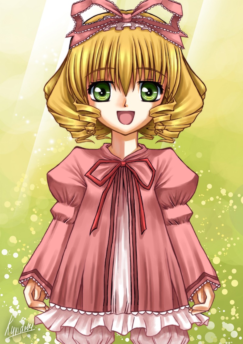 1girl :d blonde_hair bloomers bow dress drill_hair frills green_eyes hina_ichigo hinaichigo image long_sleeves looking_at_viewer open_mouth pink_bow short_hair smile solo underwear white_bloomers