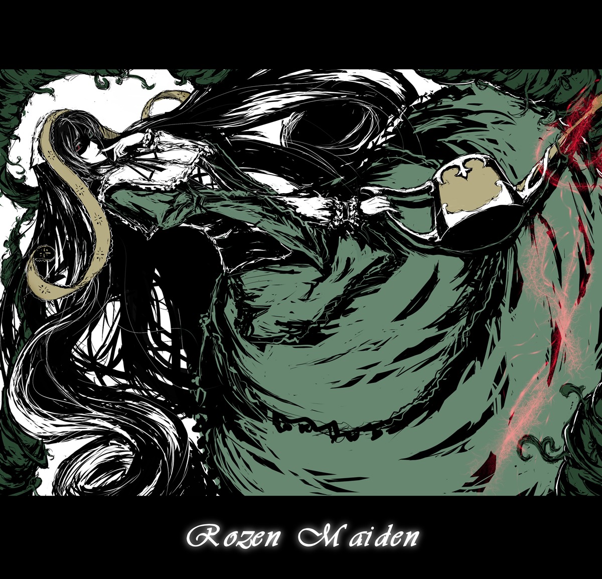 1girl absurdly_long_hair black_hair dress frills green_dress hairband image letterboxed long_hair long_sleeves solo suiseiseki very_long_hair