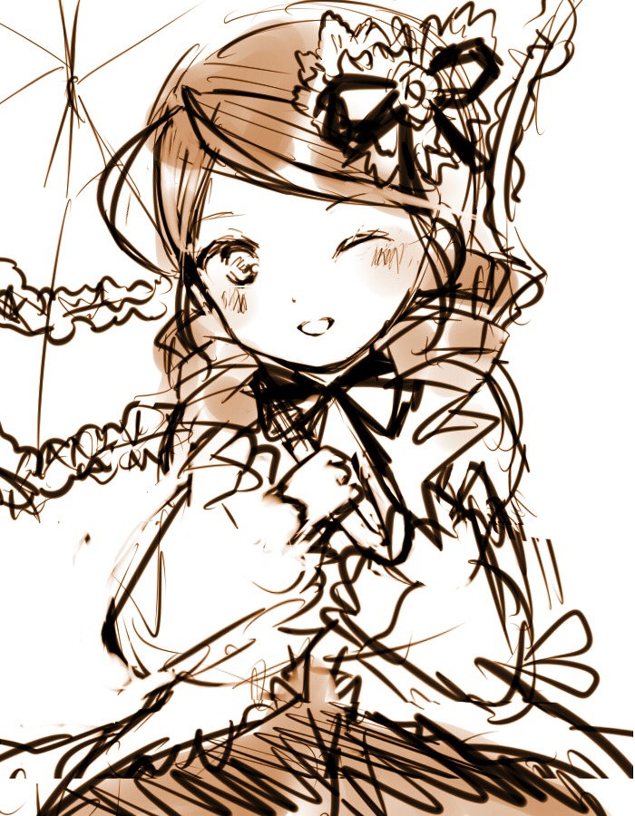 1girl ;d blush holding holding_umbrella image kanaria long_sleeves looking_at_viewer monochrome one_eye_closed open_mouth parasol sketch smile solo umbrella white_background