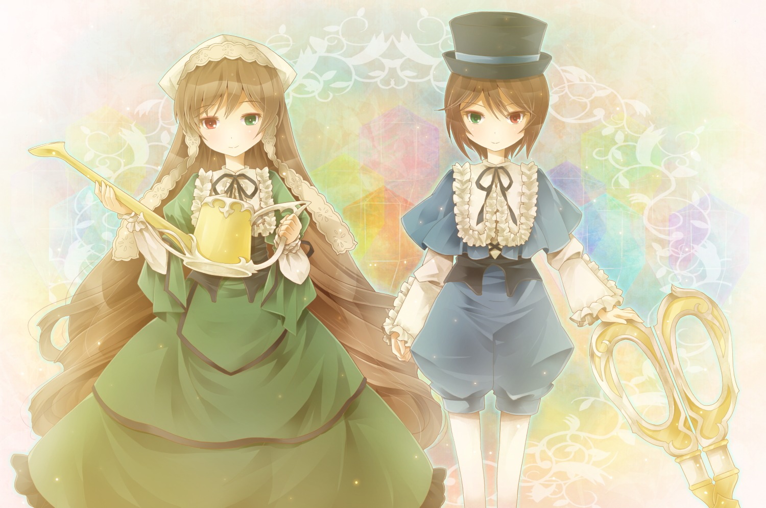 2girls auto_tagged bad_id bad_pixiv_id blue_dress brown_hair dress frills green_dress green_eyes hat head_scarf heterochromia image long_hair long_sleeves michii_yuuki multiple_girls pair pantyhose red_eyes rozen_maiden short_hair siblings sisters smile souseiseki suiseiseki twins very_long_hair watering_can