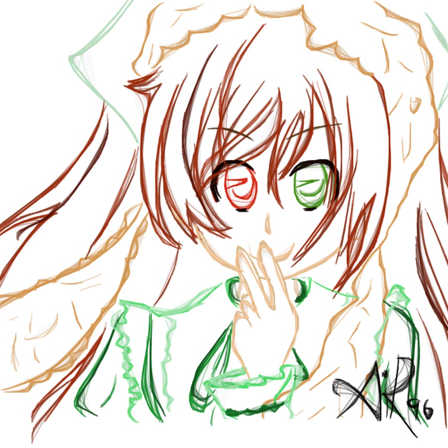 1girl braid finger_to_mouth green_eyes hong_meiling image izayoi_sakuya looking_at_viewer monochrome short_hair simple_background smile solo suiseiseki twin_braids white_background