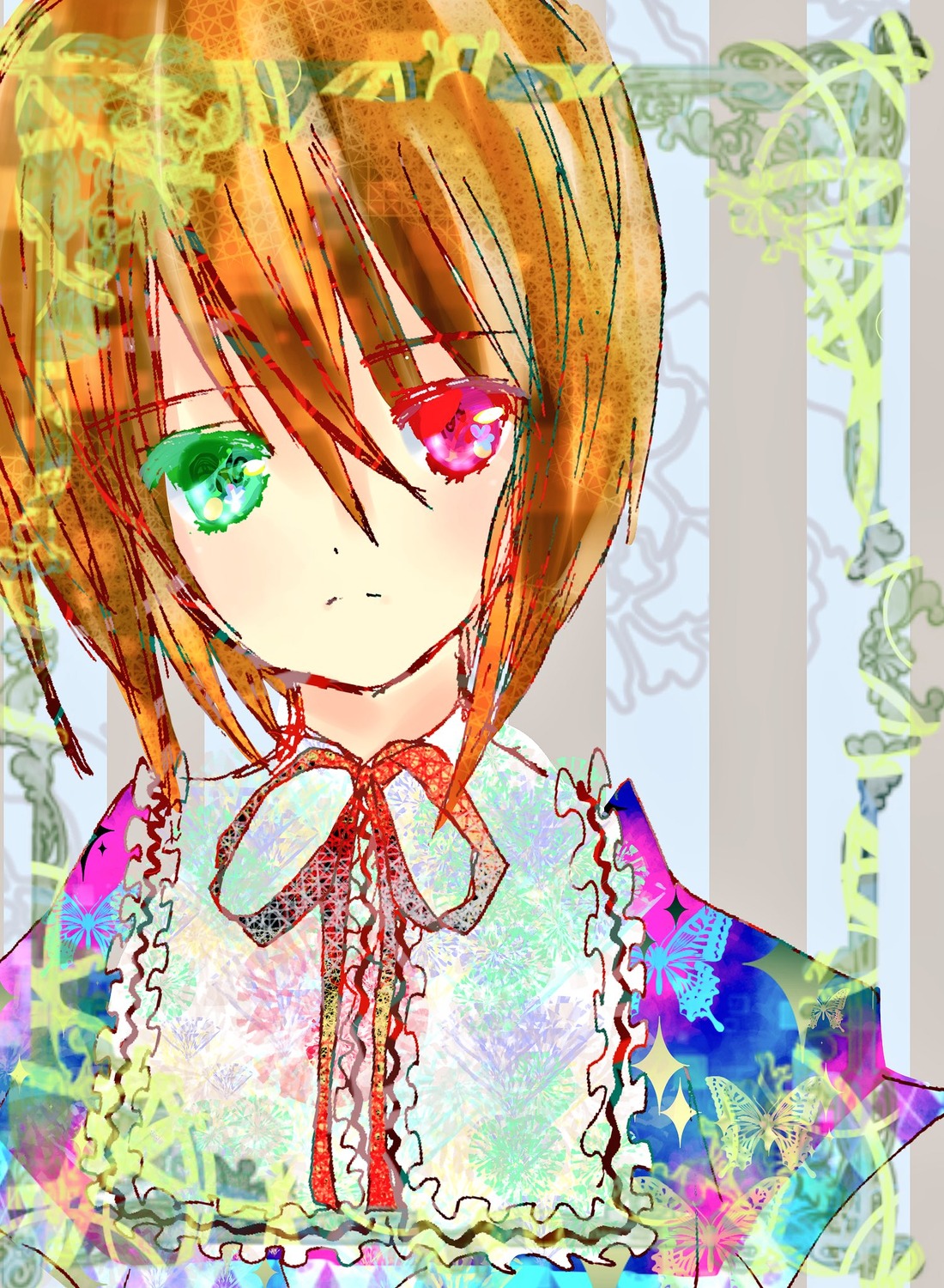 1girl bug butterfly eyebrows_visible_through_hair frills green_eyes hariruri heterochromia image insect looking_at_viewer multicolored_eyes red_eyes ribbon short_hair solo souseiseki upper_body