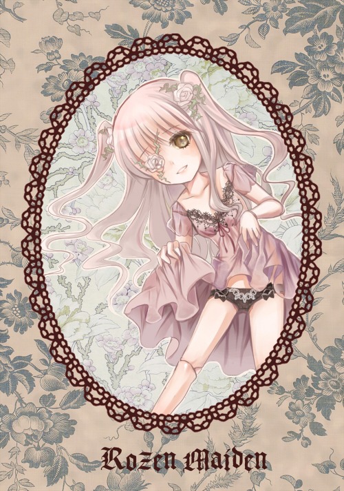 1girl black_panties dress eyepatch flower hair_flower hair_ornament image kirakishou long_hair pink_hair solo underwear vines yellow_eyes