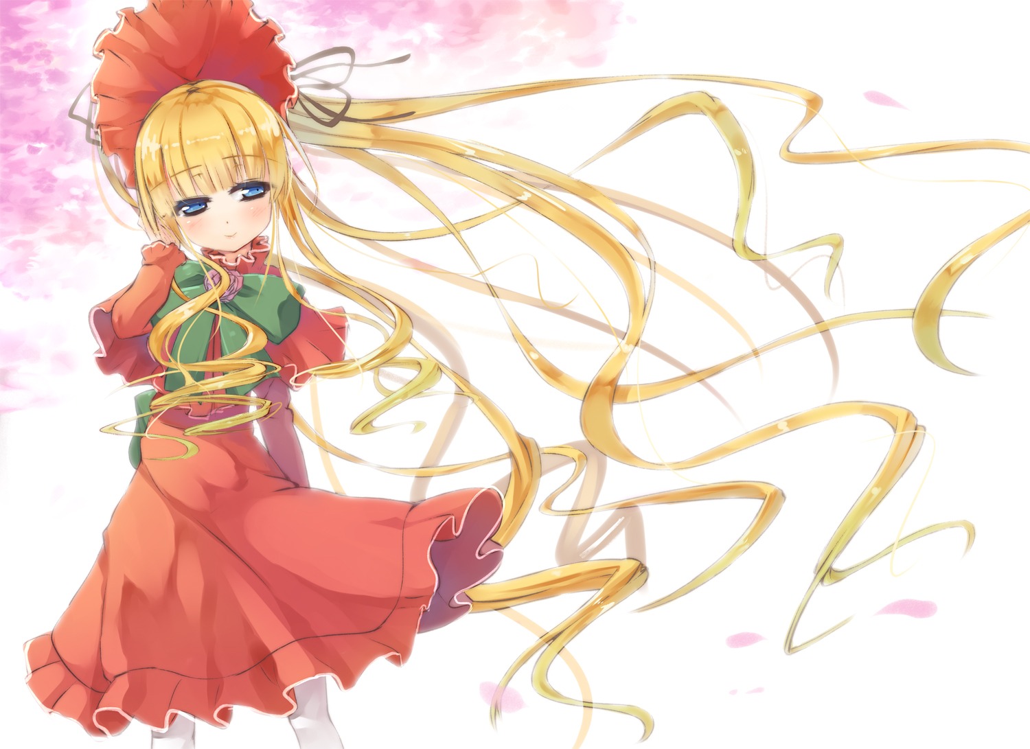 1girl asa_(swallowtail) auto_tagged bangs blonde_hair blue_eyes blush bonnet bow bowtie capelet cherry_blossoms commentary_request dress eyebrows_visible_through_hair flower hair_ribbon image long_hair long_sleeves looking_at_viewer pantyhose petals photoshop_(medium) red_capelet red_dress ribbon rozen_maiden shinku solo standing twintails very_long_hair wind
