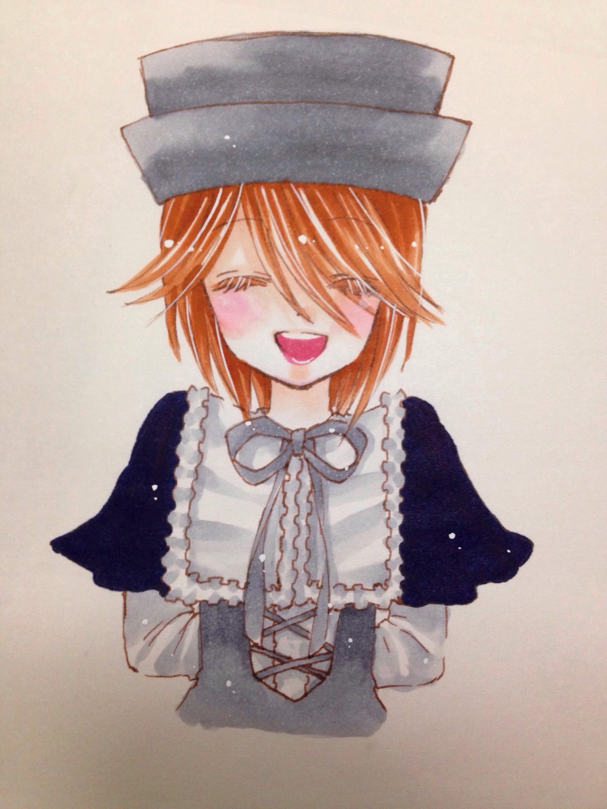 1girl :d ^_^ black_headwear blush capelet closed_eyes dress facing_viewer hat image open_mouth orange_hair ribbon short_hair smile solo souseiseki upper_body yumeki_kokoro