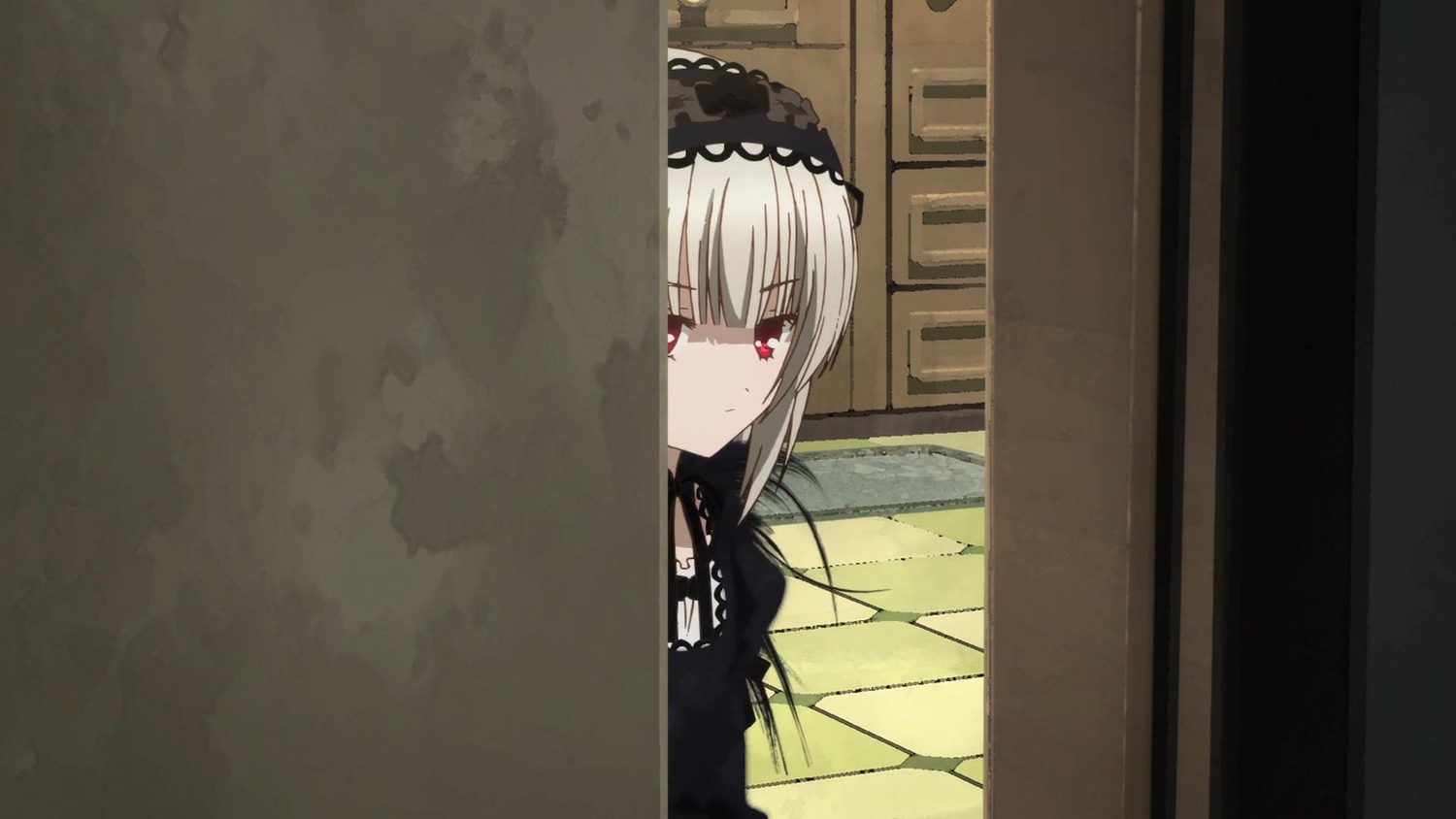 1girl bangs black_dress closed_mouth dress eyebrows_visible_through_hair frills grey_hair hairband image red_eyes solo suigintou