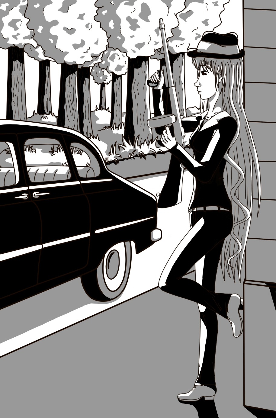 1girl barasuishou car greyscale ground_vehicle hat image long_hair monochrome motor_vehicle shoes solo standing very_long_hair