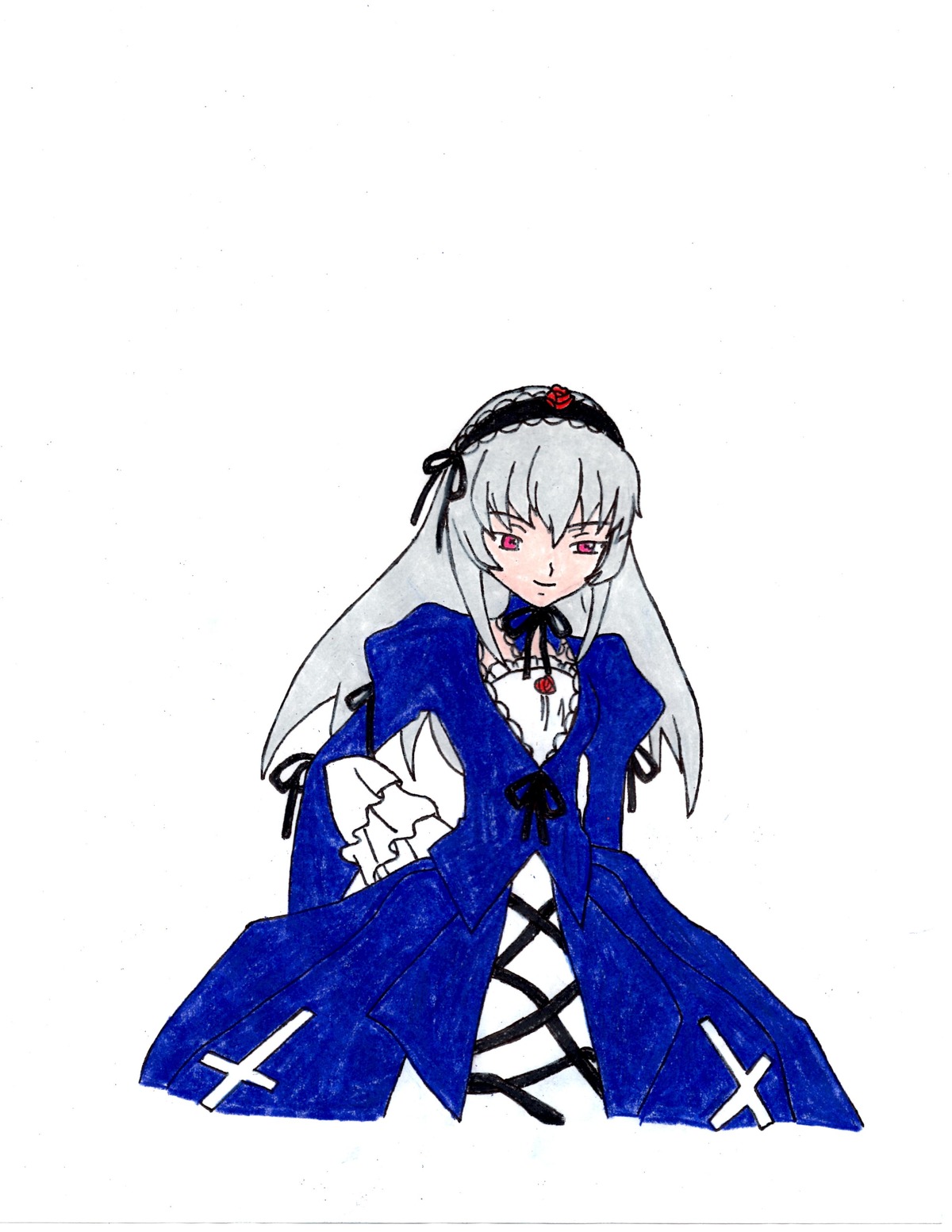 1girl black_wings dress flower frills hairband image long_hair long_sleeves looking_at_viewer pink_eyes rose silver_hair simple_background smile solo suigintou white_background wings