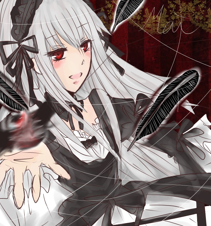 1girl black_dress black_ribbon blurry_foreground dress frills hairband image long_hair long_sleeves looking_at_viewer red_eyes ribbon rose silver_hair solo suigintou wings