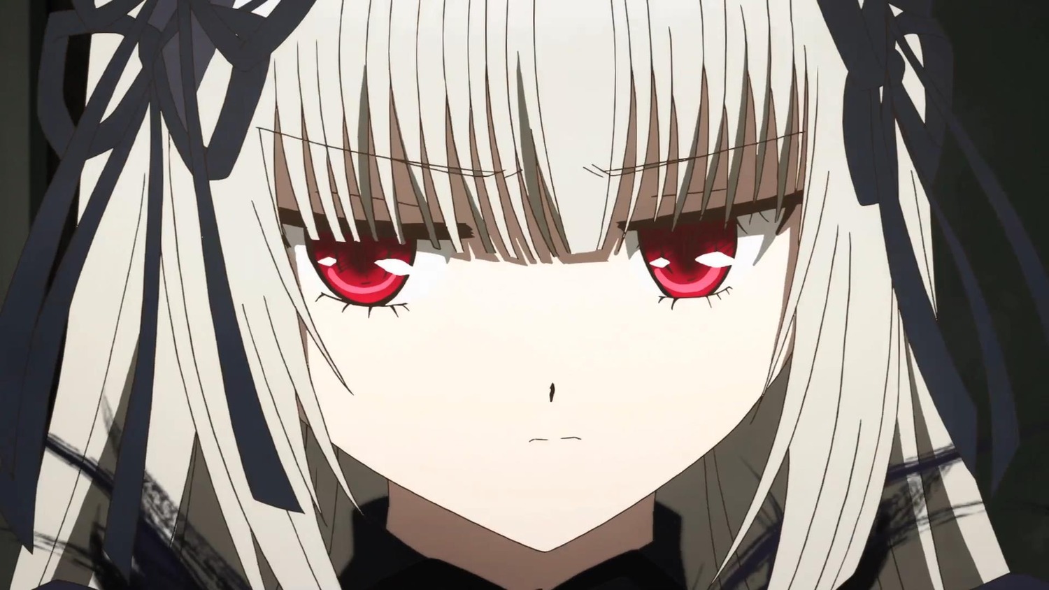 1girl bangs black_ribbon closed_mouth dress eyebrows_visible_through_hair face hair_ribbon head_tilt image long_hair looking_at_viewer red_eyes ribbon simple_background solo suigintou