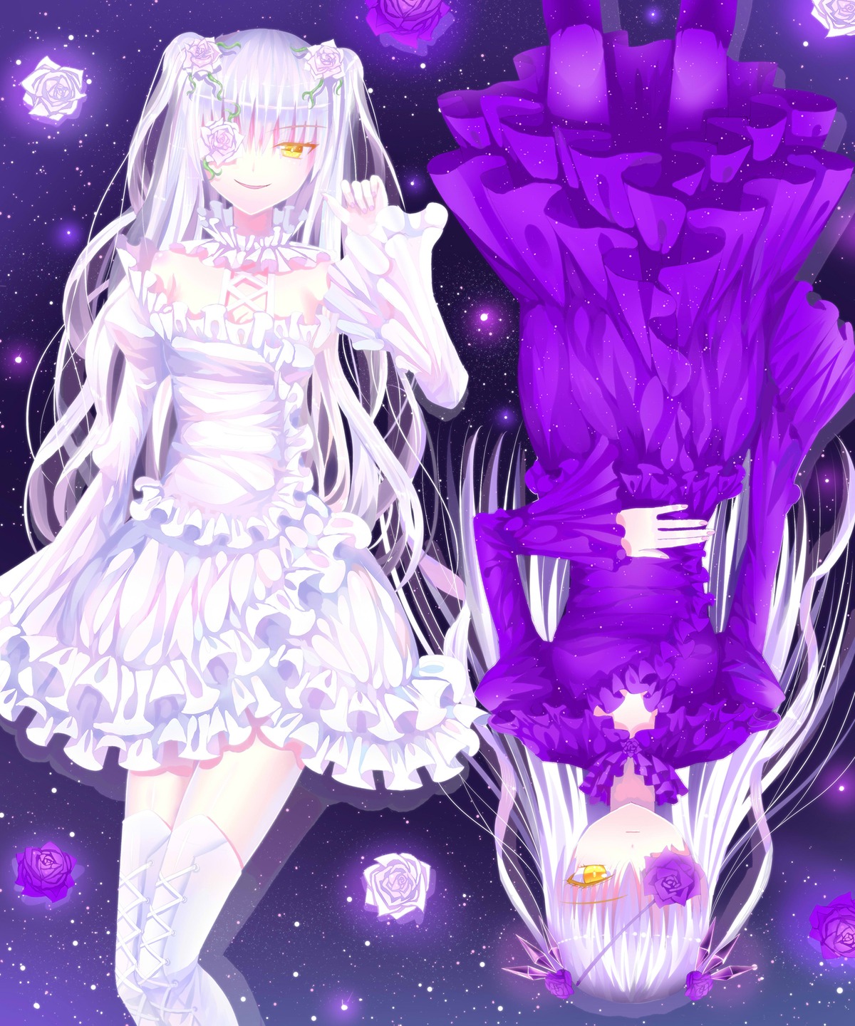 2girls barasuishou black_flower black_rose blue_flower blue_rose dress dual_persona eyepatch flower frills hair_flower image kirakishou long_hair multiple_girls pair pink_flower pink_rose purple_flower purple_rose red_rose rose silver_hair suigintou thighhighs thorns very_long_hair white_flower white_rose yellow_eyes