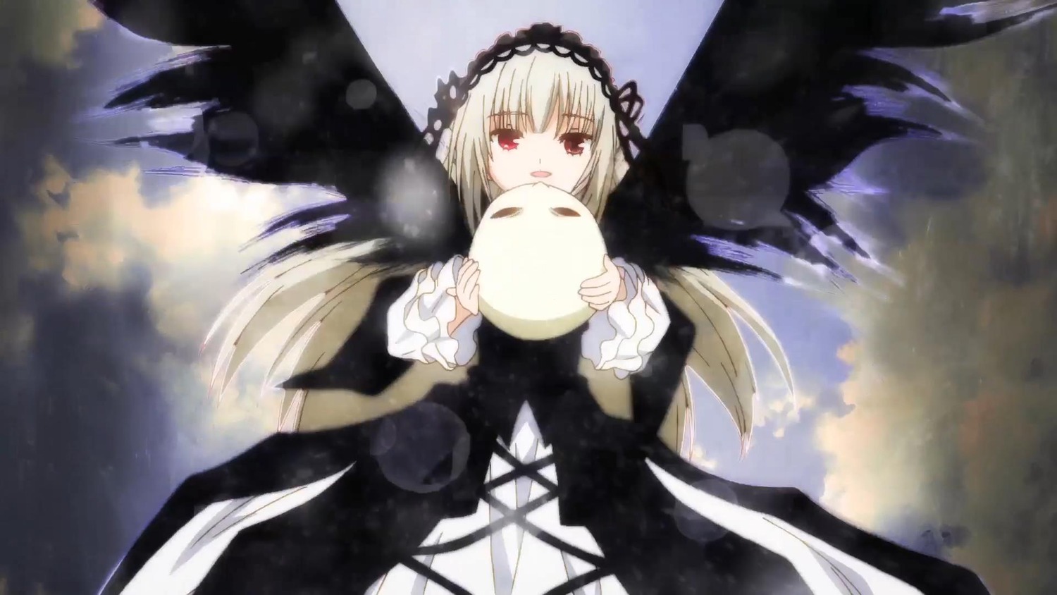 1girl black_dress black_ribbon black_wings cloud dress flower frills hairband holding image lolita_hairband long_hair long_sleeves looking_at_viewer red_eyes ribbon rose silver_hair solo suigintou wings
