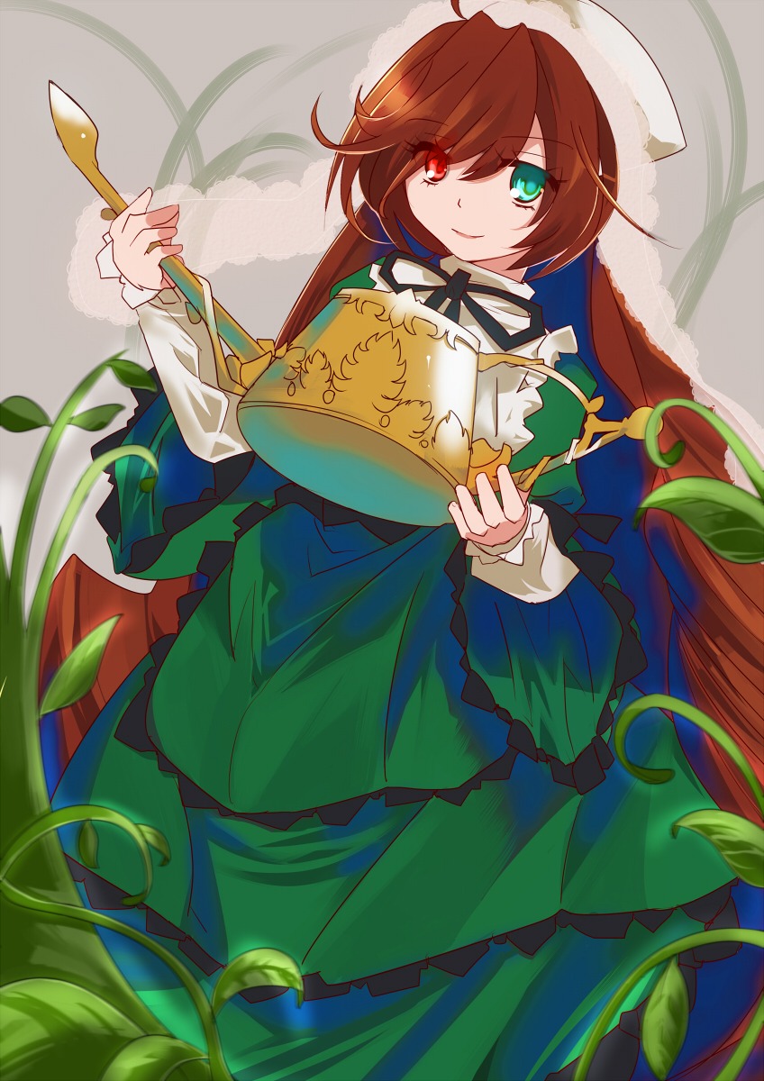 1girl brown_hair dress flower frills green_dress green_eyes heterochromia holding image leaf long_sleeves looking_at_viewer plant red_eyes short_hair smile solo souseiseki suiseiseki vines watering_can