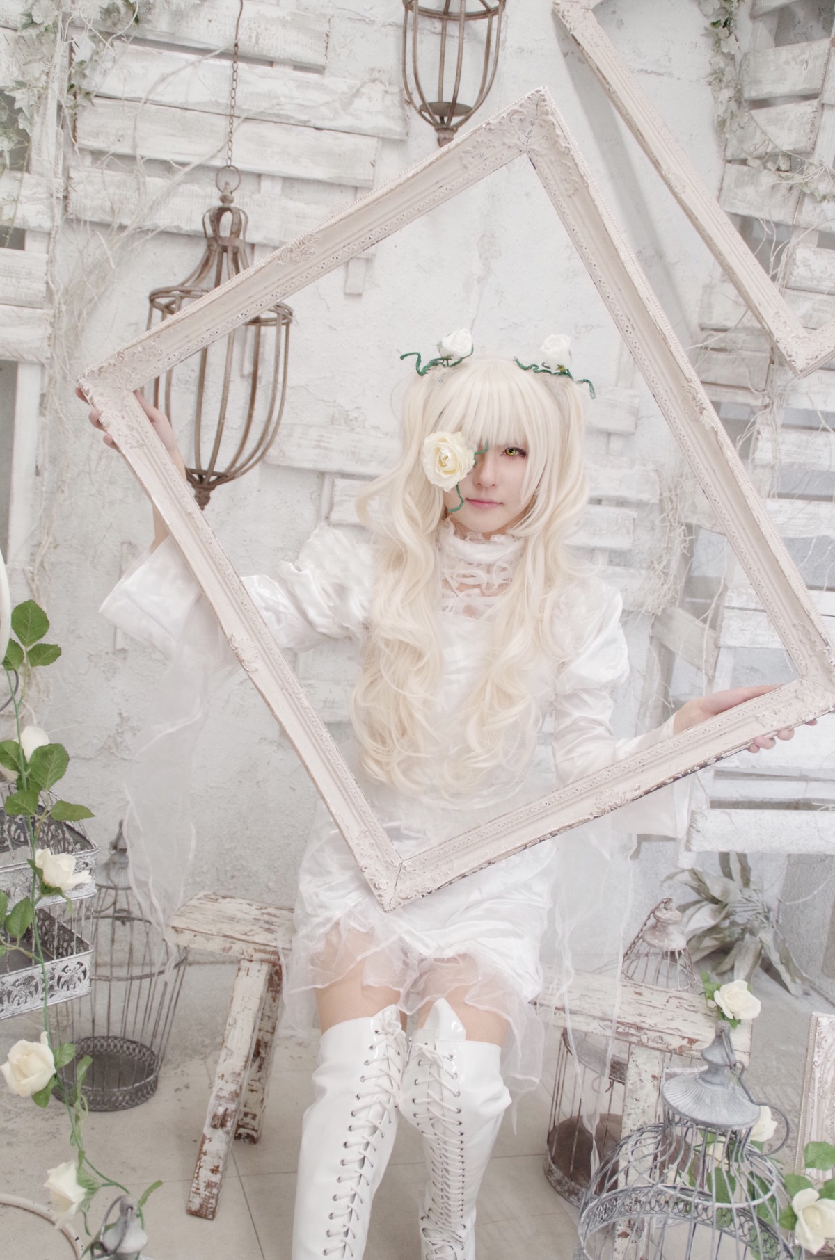 1girl birdcage cage dress flower kirakishou leaf long_hair plant potted_plant sitting solo vines white_dress white_flower white_hair white_rose
