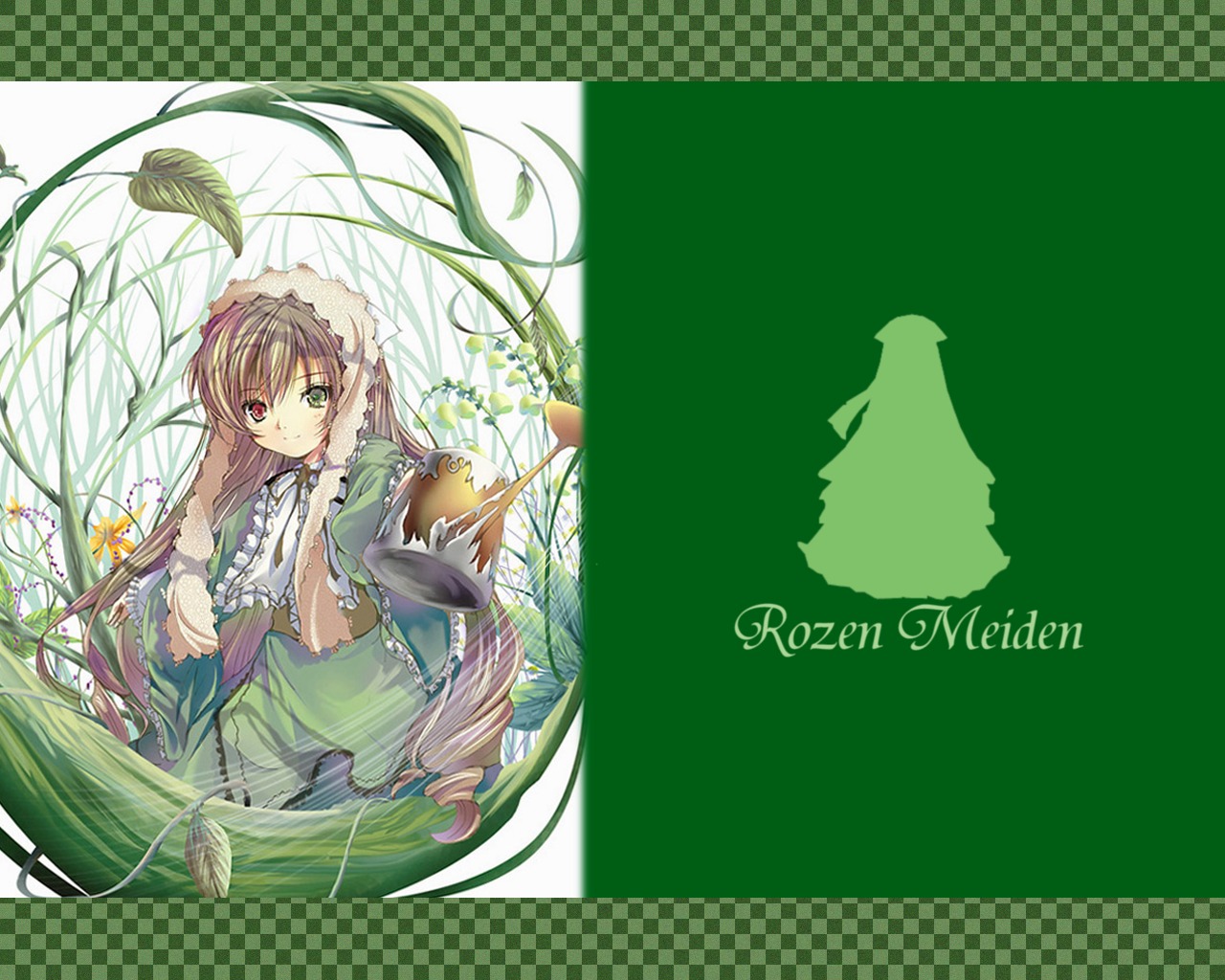 1girl brown_hair dress flower frills green_dress hairband heterochromia image long_hair long_sleeves looking_at_viewer plant red_eyes smile solo suiseiseki very_long_hair vines watering_can