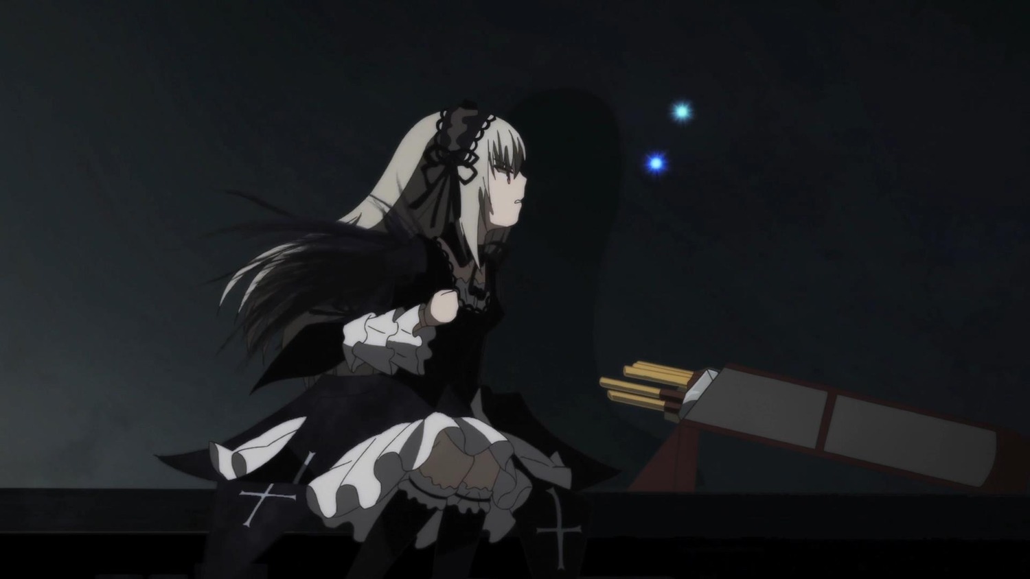 1girl black_dress dress frills hairband image long_hair long_sleeves piano profile ribbon silver_hair sitting solo suigintou very_long_hair