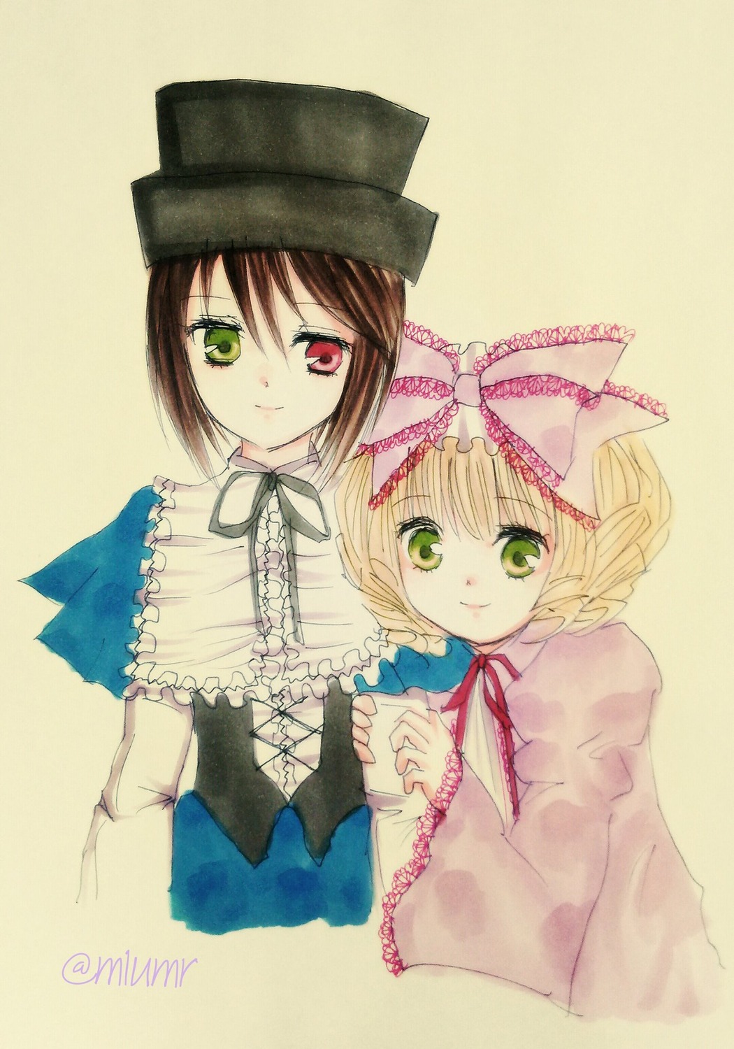 2girls blonde_hair bow brown_hair dress frills green_eyes hat heterochromia hina_ichigo hinaichigo image long_sleeves looking_at_viewer m1umr multiple_girls pair red_eyes ribbon short_hair siblings simple_background sisters smile souseiseki suiseiseki top_hat twins