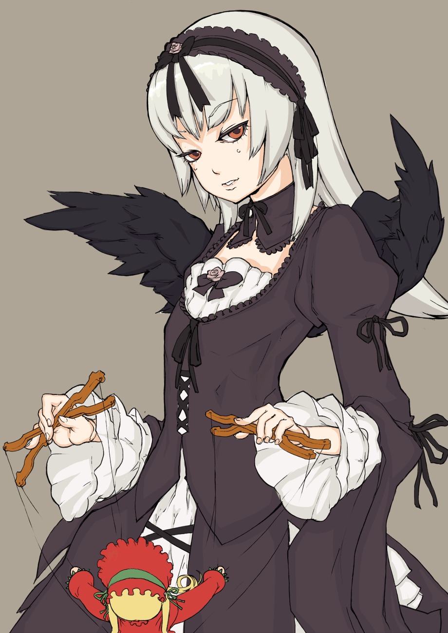 1girl 2girls black_wings blonde_hair bonnet brown_eyes commentary_request doll_joints dress feathered_wings feathers frills hairband highres image joints lolita_fashion lolita_hairband long_hair long_sleeves multiple_girls puppet rose rozen_maiden shinku silver_hair simple_background solo suigintou wings wr_(karakusa_senbei)