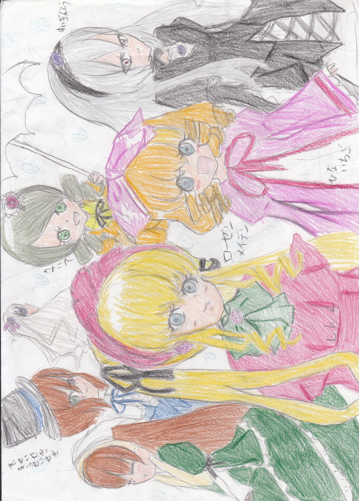 6+girls blonde_hair blue_eyes bonnet bow brown_hair dress green_eyes hat hina_ichigo image kanaria long_hair long_sleeves looking_at_viewer multiple multiple_girls open_mouth pink_bow shinku short_hair siblings silver_hair sisters smile souseiseki suigintou suiseiseki tagme traditional_media twins watercolor_(medium)