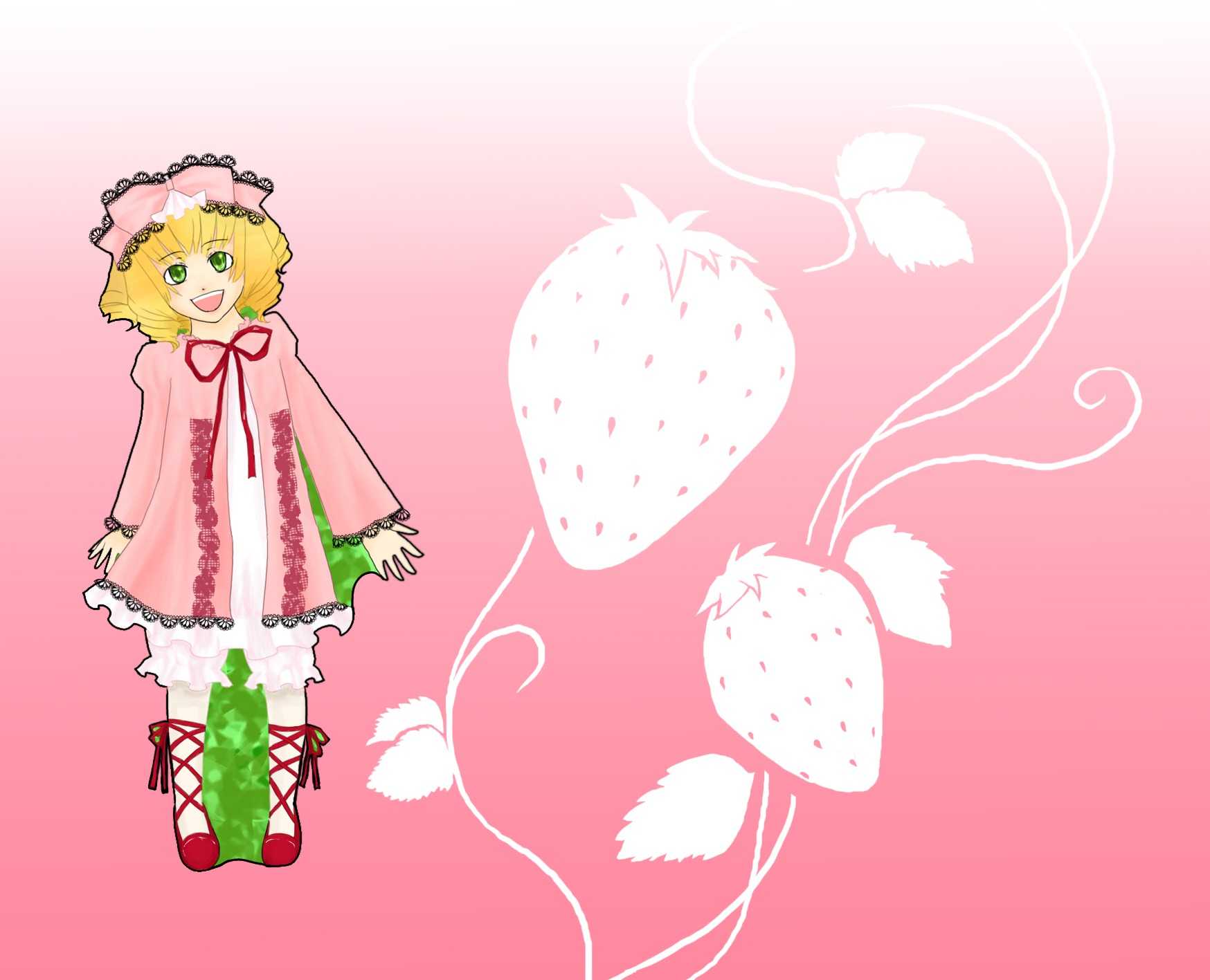 1girl :d blonde_hair blush boots bow dress fruit full_body green_eyes hat hina_ichigo hinaichigo image long_sleeves looking_at_viewer open_mouth pink_background short_hair smile solo standing