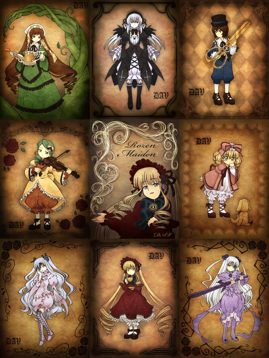 6+girls blonde_hair blue_eyes bow brown_hair dress flower frills hair_ornament hat hina_ichigo image kanaria long_hair multiple multiple_girls pink_bow pipe ribbon rose shinku short_hair silver_hair souseiseki suigintou tagme wings