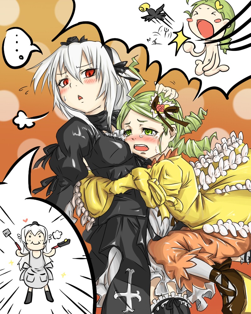 ... 3girls blush bug green_eyes green_hair image insect kanaria multiple_girls pair red_eyes short_hair spoken_ellipsis suigintou white_hair