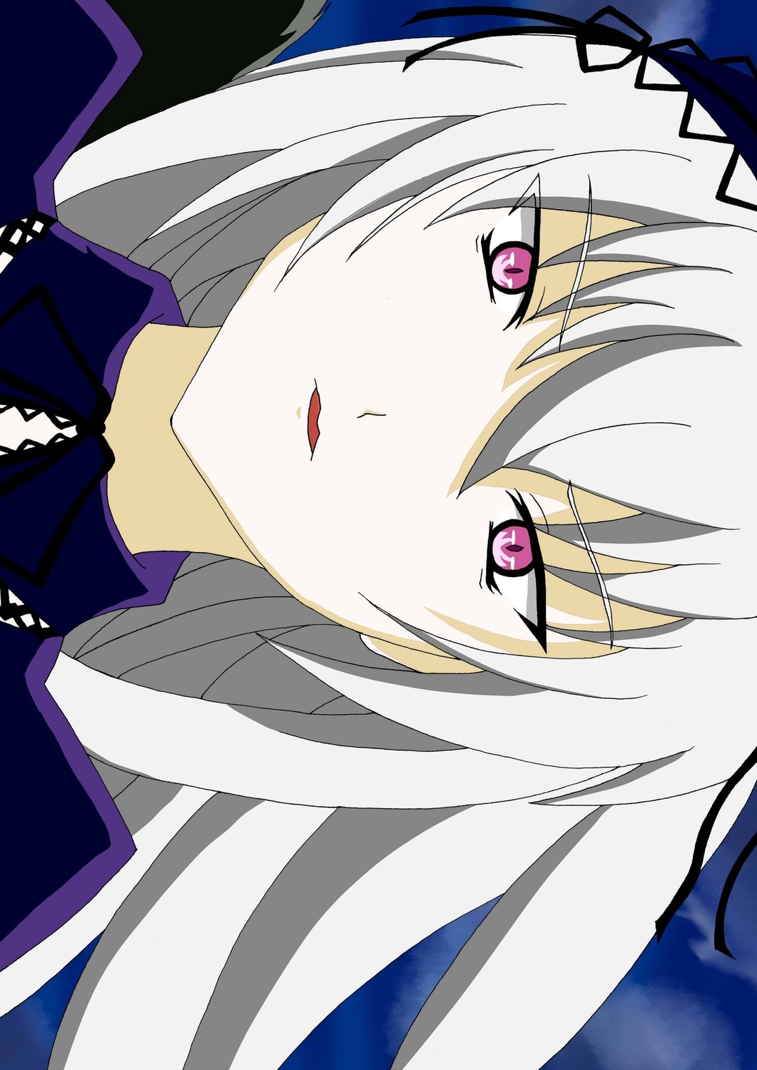 1girl auto_tagged bangs black_ribbon choker dress eyebrows_visible_through_hair hair_ribbon hairband image long_hair looking_at_viewer parted_lips pink_eyes portrait ribbon silver_hair solo suigintou