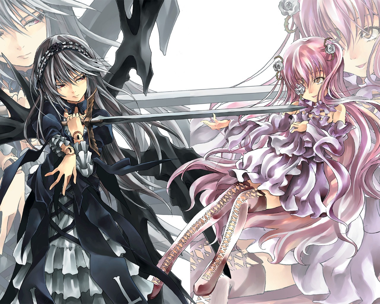 2girls boots dress flower frills holding_weapon image kirakishou long_hair long_sleeves multiple_girls pair rose silver_hair suigintou sword thigh_boots thighhighs very_long_hair weapon wings yellow_eyes zoom_layer