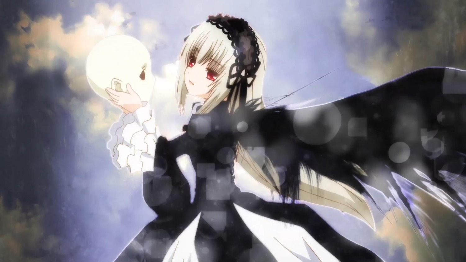 1girl bangs black_wings cloud dress frilled_sleeves frills hairband image long_hair long_sleeves looking_at_viewer red_eyes silver_hair sky solo suigintou wings