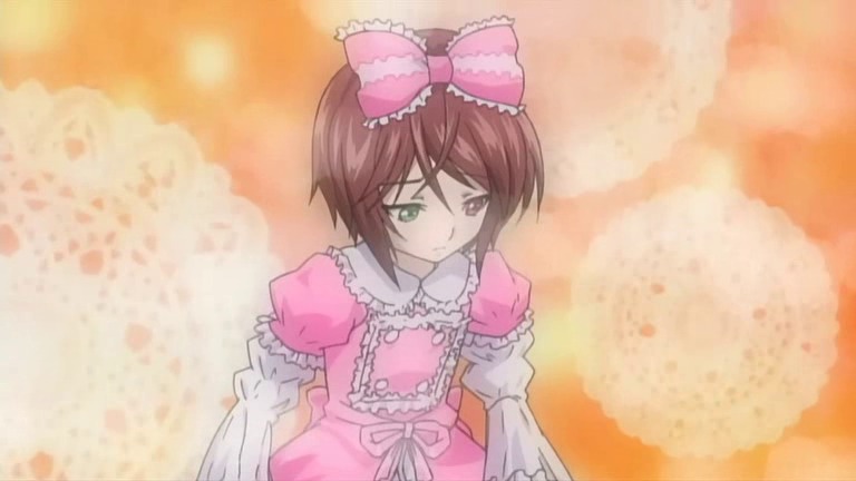 1boy 1girl bow brown_eyes brown_hair crossdressing dress frilled_sleeves frills green_eyes hair_bow heterochromia image long_sleeves looking_at_viewer non-web_source orange_background otoko_no_ko pink_bow pink_dress pink_skirt puffy_short_sleeves puffy_sleeves rozen_maiden screencap short_hair short_sleeves skirt solo souseiseki upper_body