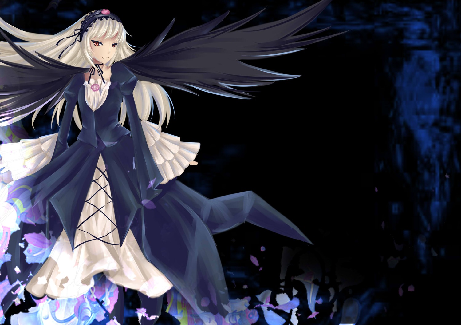 1girl black_dress black_ribbon black_wings dress floating_hair flower frills hairband image long_hair long_sleeves looking_at_viewer petals purple_flower red_eyes ribbon rose silver_hair solo suigintou very_long_hair wide_sleeves wings