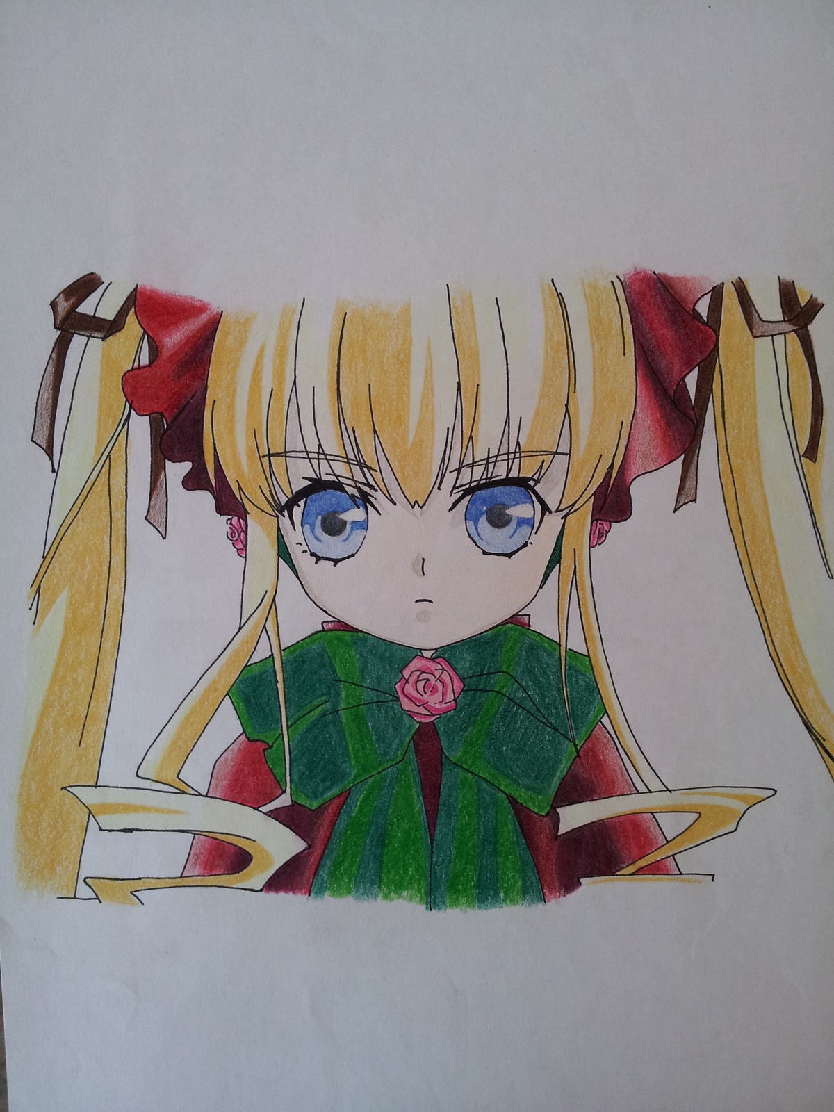 1girl bangs blonde_hair blue_eyes bow bowtie closed_mouth dress eyebrows_visible_through_hair flower image long_hair looking_at_viewer marker_(medium) photo rose shinku sidelocks simple_background solo traditional_media