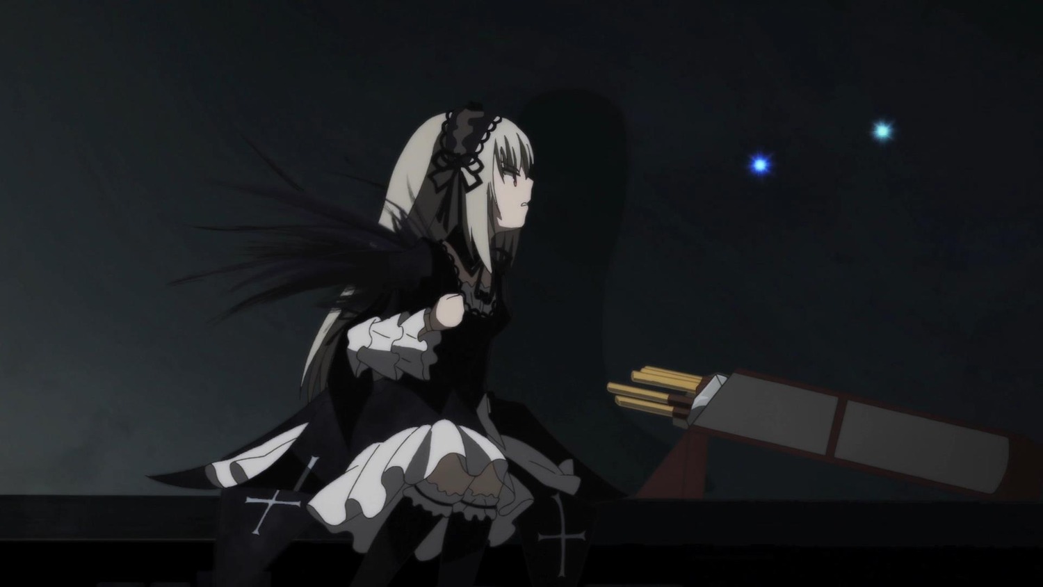 1girl black_ribbon dress frills hairband image long_hair long_sleeves profile ribbon silver_hair sitting solo suigintou very_long_hair wings