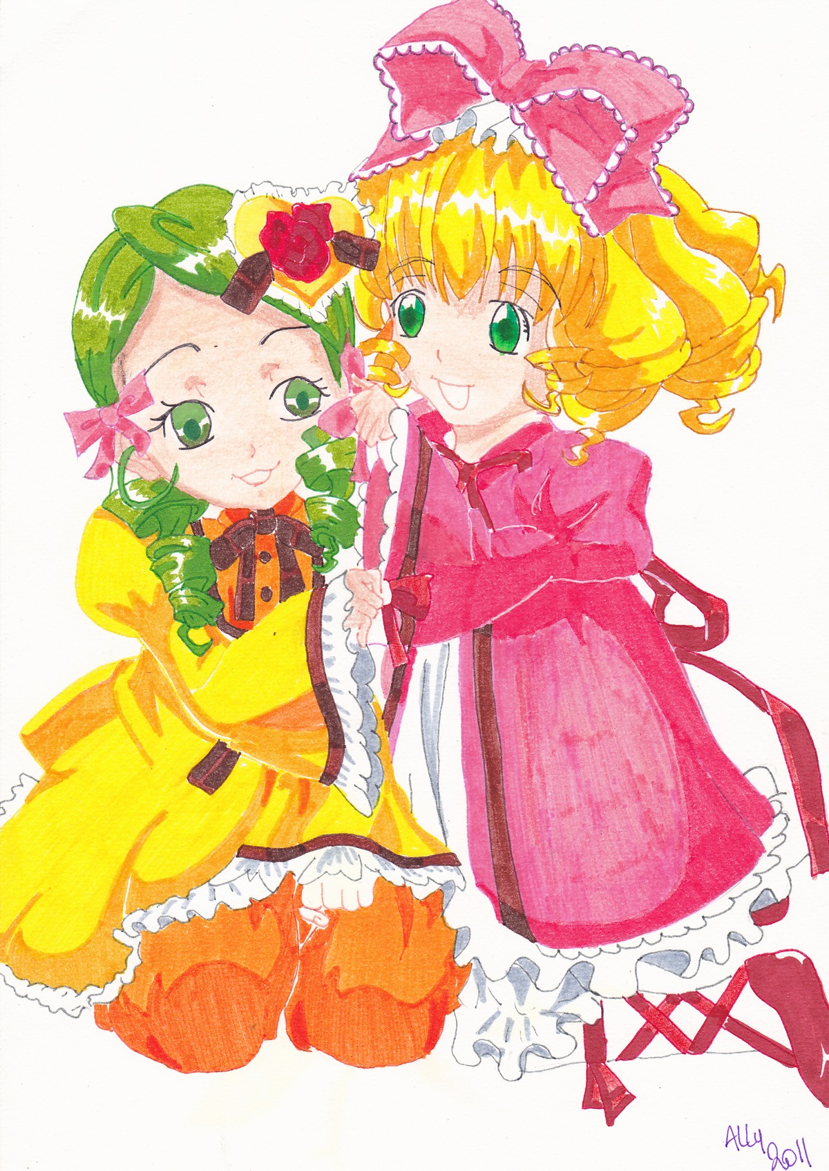 2girls :q blonde_hair bow dress drill_hair frills green_eyes green_hair hair_bow heart_hair_ornament hina_ichigo hinaichigo image kanaria multiple_girls pair pink_bow short_hair smile tongue_out