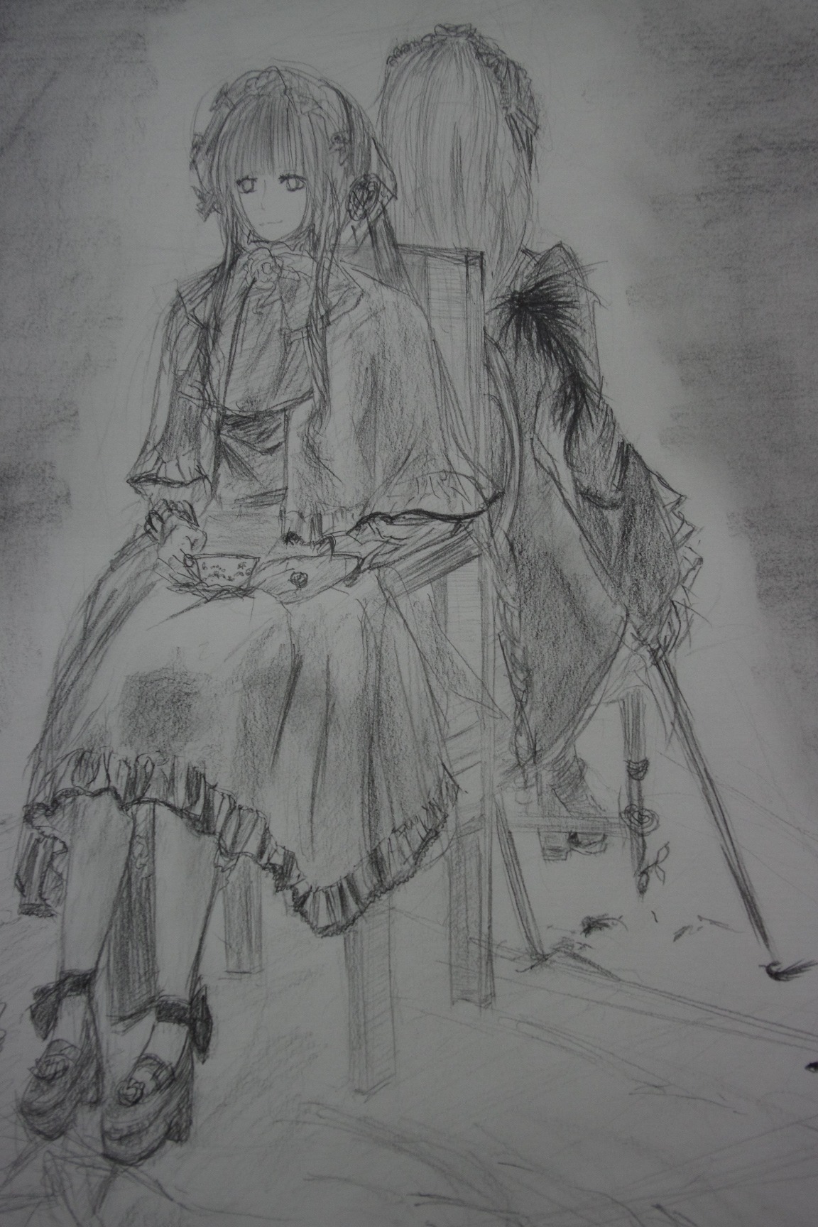 2girls alice_margatroid braid dress frills greyscale image long_sleeves maid maid_headdress monochrome multiple_girls pair shinku shoes sketch standing suigintou traditional_media wide_sleeves