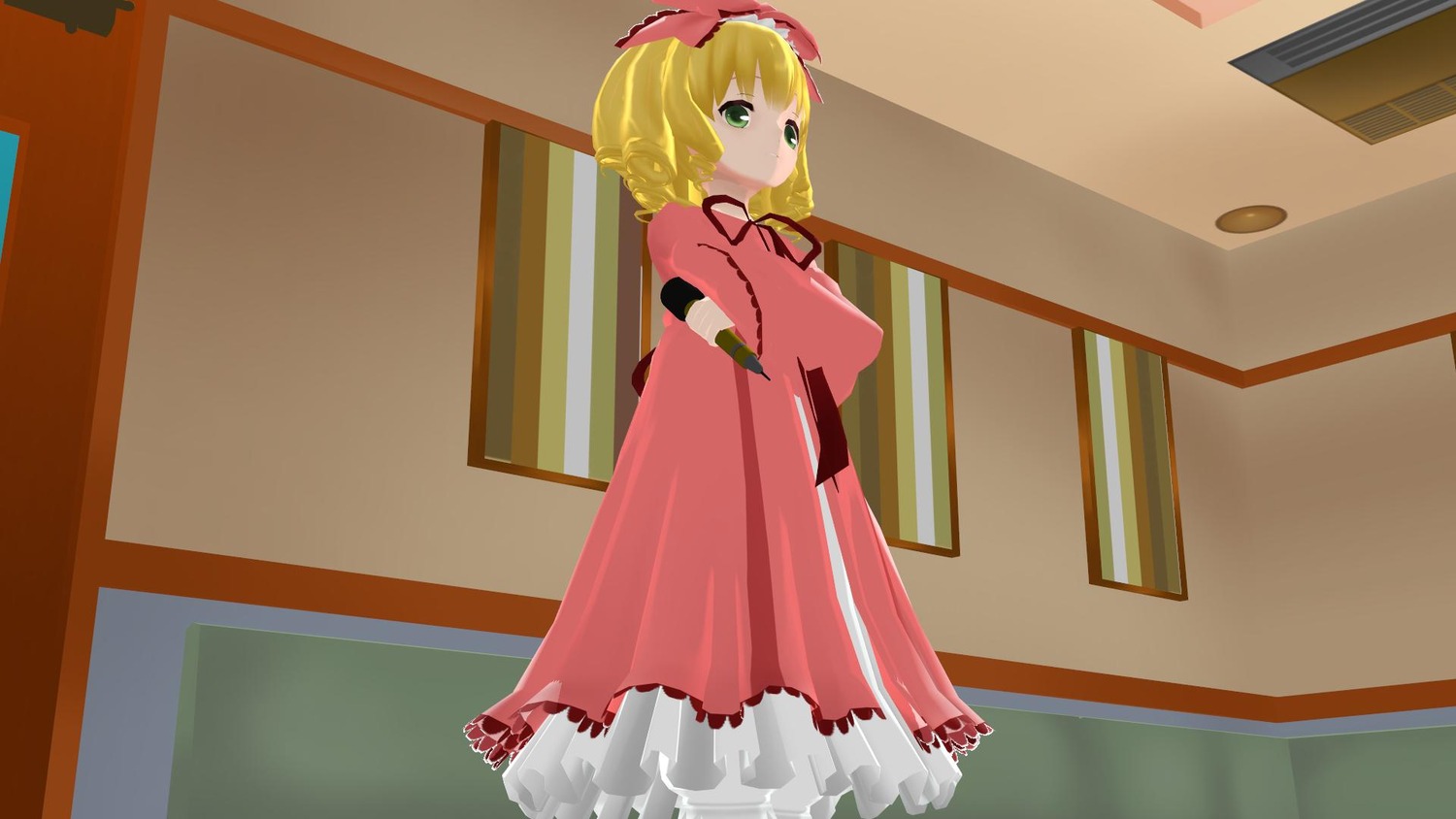 1girl blonde_hair bow breasts door dress frills green_eyes hinaichigo image long_sleeves looking_at_viewer red_dress short_hair solo standing window