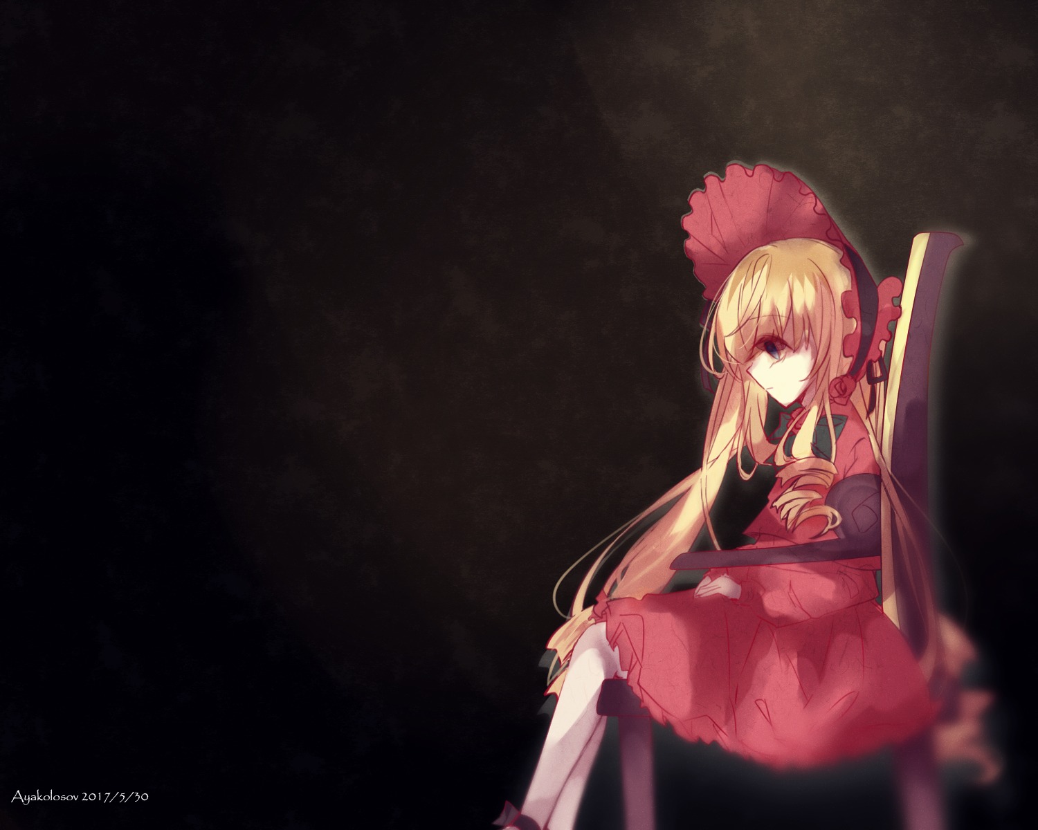 1girl blonde_hair blue_eyes bonnet bow dress image long_hair long_sleeves looking_at_viewer red_dress shinku sitting solo twintails very_long_hair