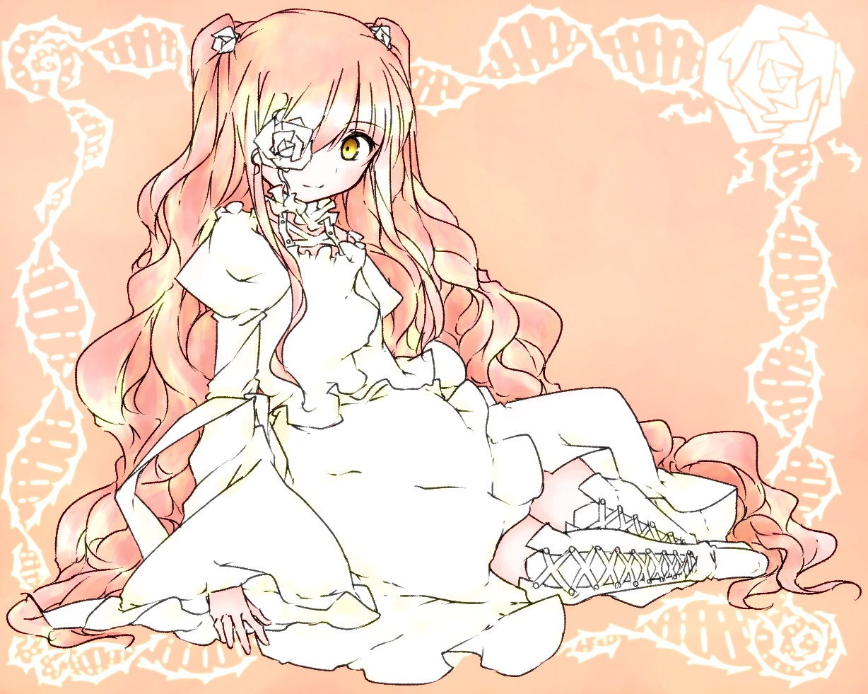 1girl boots cross-laced_footwear dress eyepatch flower frills hair_flower hair_ornament image kirakishou long_hair pink_hair rose sitting smile solo thorns two_side_up very_long_hair vines white_rose yellow_eyes
