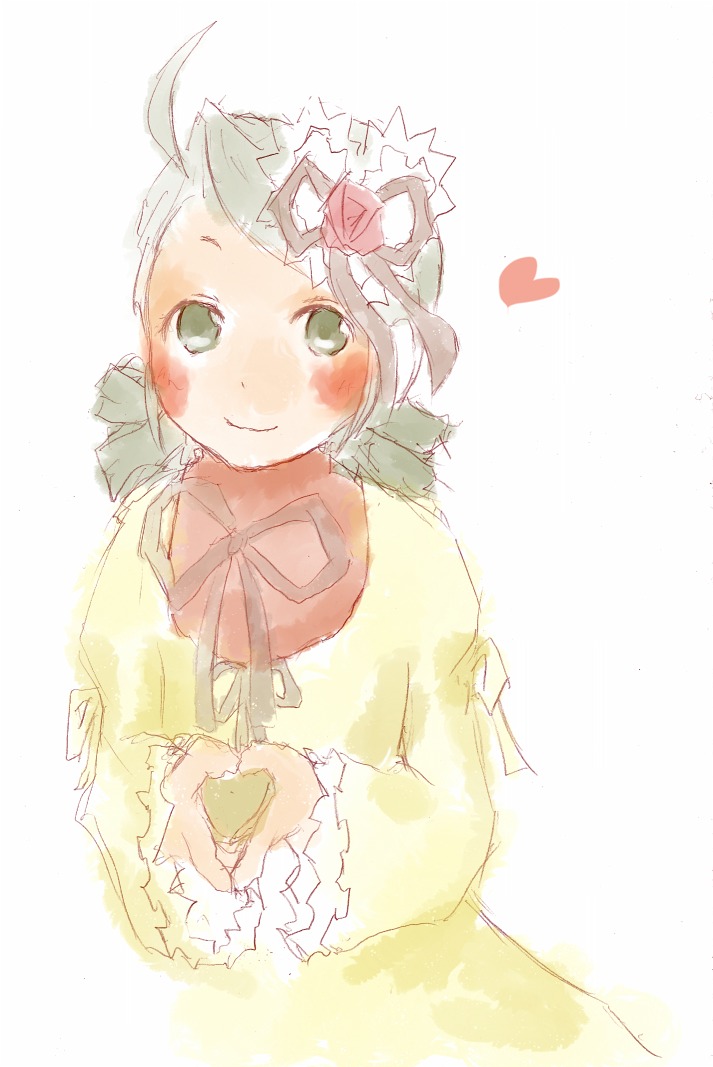 1girl auto_tagged blush dress flower green_eyes green_hair heart image kanaria long_sleeves looking_at_viewer ribbon short_hair simple_background smile solo striped vertical_stripes