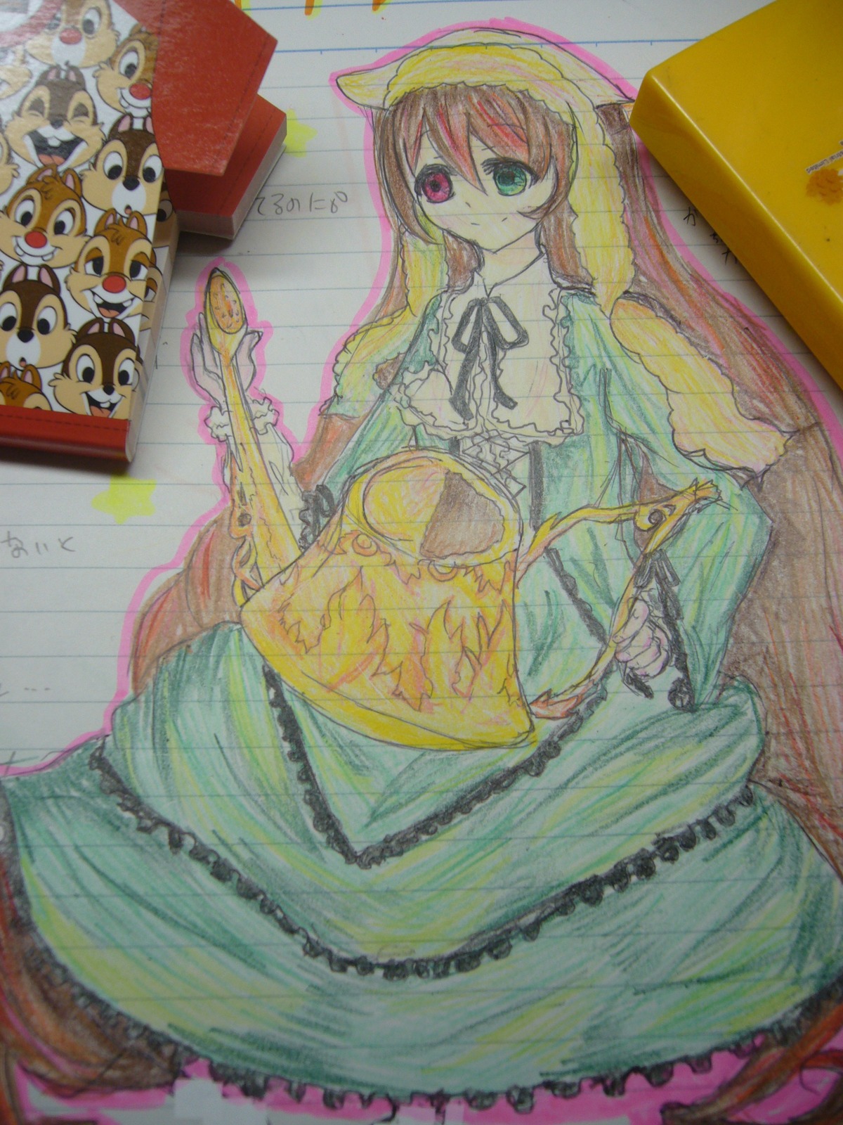 1girl blonde_hair dress frills green_eyes heterochromia image long_hair red_eyes solo suiseiseki traditional_media