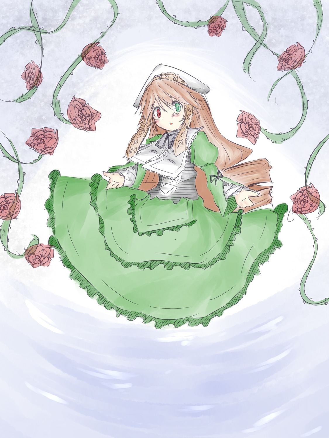 1girl brown_hair dress flower frills green_dress green_eyes hat heterochromia image long_hair long_sleeves pink_flower pink_rose plant purple_rose red_eyes red_flower red_rose rose solo suiseiseki thorns very_long_hair vines watering_can yellow_rose