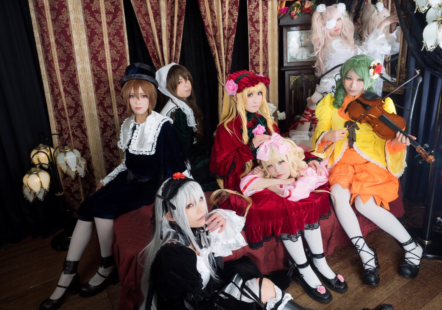 6+girls blonde_hair blue_eyes brown_hair curtains dress flower green_hair hair_ornament hat instrument long_hair multiple_cosplay multiple_girls pantyhose silver_hair sitting suigintou tagme violin