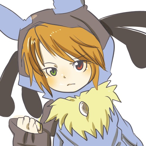 animal_costume animal_hood closed_mouth hood hood_up image looking_at_viewer orange_hair red_eyes simple_background solo souseiseki striped white_background