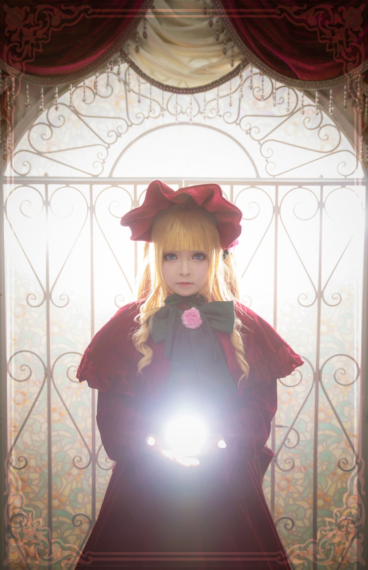 1girl blonde_hair blue_eyes bonnet bow capelet curtains dress flower frame long_hair looking_at_viewer rose shinku solo